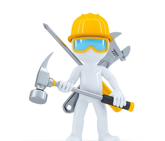 Construction worker/builder with hammer. Isolated on white background